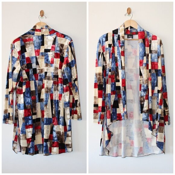 Jostar Abstract Velvet Women's Cardigan Size M Open front Color Block Multicolor - Picture 1 of 7